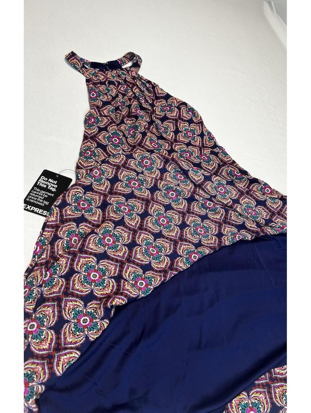 Express Halter Maxi Dress Size 4 Navy Medallion Floral Print Lined NWT - Picture 8 of 12